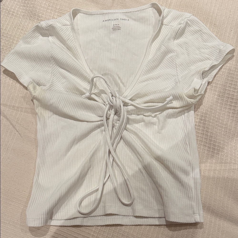American Eagle Outfitters Cream Ribbed Tie-Front Tee(Ships from OR)